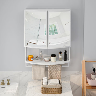 23.62" Modern Arched Glass Double-Door Wardrobe With Shatterproof Non-Glass Mirror - Double-Layer Storage, Open Shelf & Towel Rack For Entryway, Living Room, Bathroom, Dining Room (White)