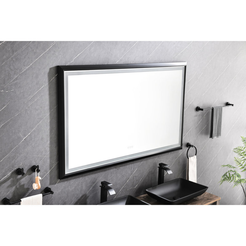 Miroir de salle de bain 84 po x 48 po à DEL, fixation murale, brouillard, 3 lumières de couleur, gradation continue, aluminium noir mat avec modes 84 températures de 48 po, fonction brouillard