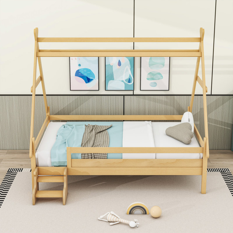 Lit plateforme en bois avec escalier, Naturel, Double