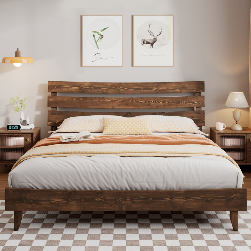 45'' Mid-century Solid Wood Bed Frame With Headboard, Chocolate, Queen