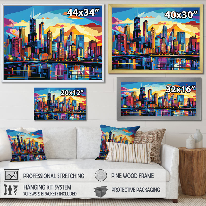 Chicago Popart II - Chicago Wall Art For Living Room, Black Single Picture Framed, 30" H x 40" W x 1.5" D
