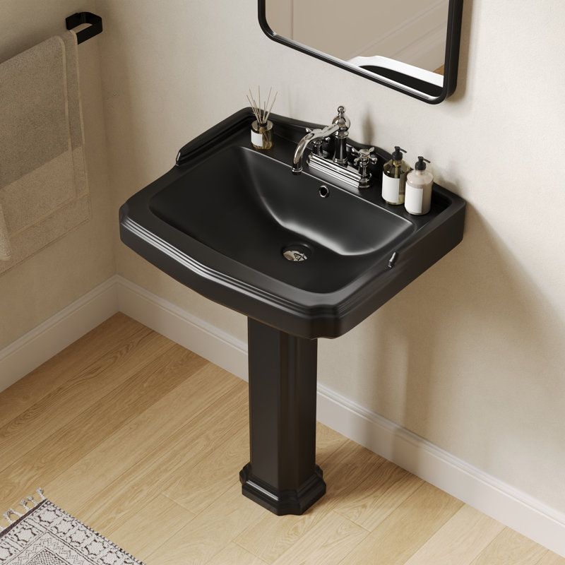 Dynasty 35.5" Tall Rectangular Vitreous China Pedestal Bathroom Sink with Overflow, Centerset Faucet, Matte Black