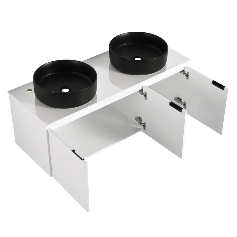  Ensemble de meuble-lavabo mural blanc moderne avec 3 portes et lavabo en céramique Dalmahoy, H 21,9 po x l 48 po x P 18,1 po