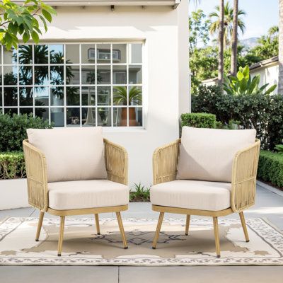 2 chaises de patio en polyéthylène résistant aux intempéries, design élégant, coussins en mousse épaisse de 10 cm, protection UV 800+, entretien facile, montage facile pour porche et jardin, avec assises bohèmes épaisses.