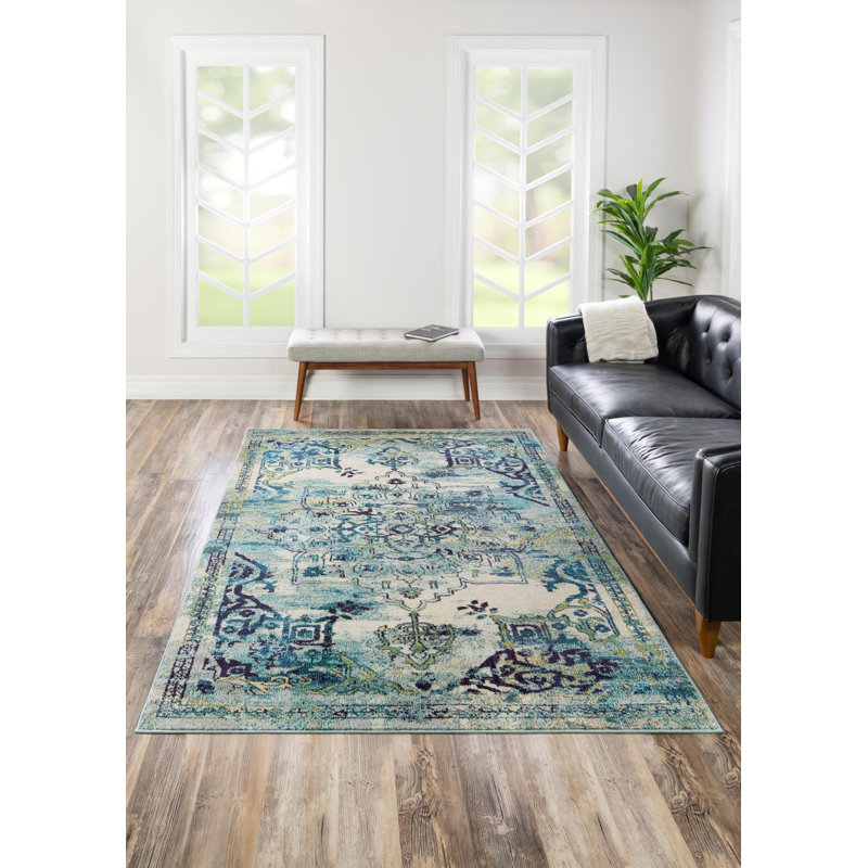 Tapis bleu tissé à la machine Holker, Rectangle 3 pi 3 po x 5 pi 3 po