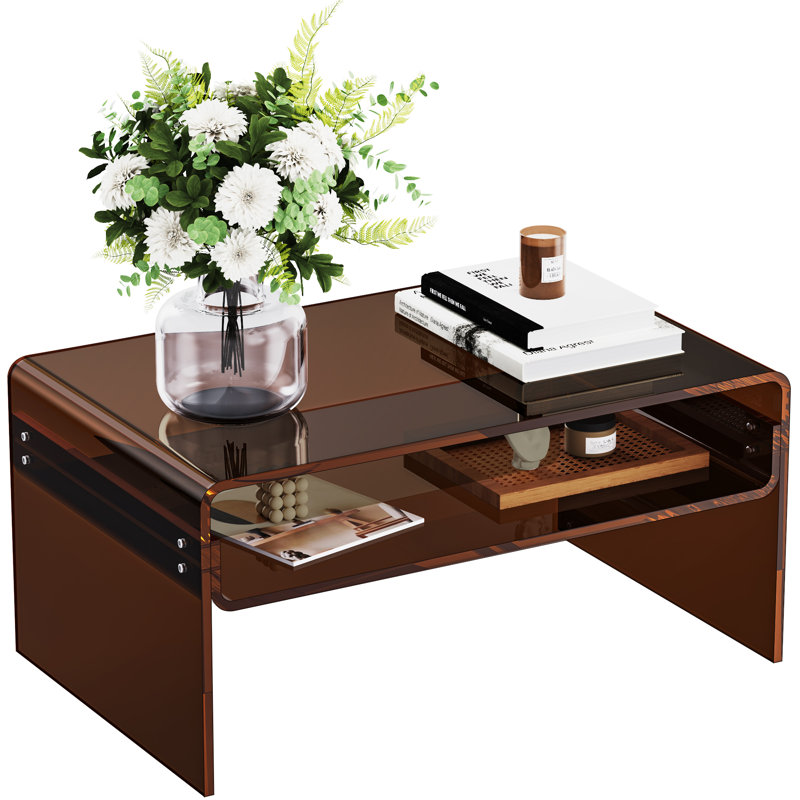 Freysteinn Acrylic Coffee Table,  2 Tiers Clear End Table with Storage Shelf, Dark Brown