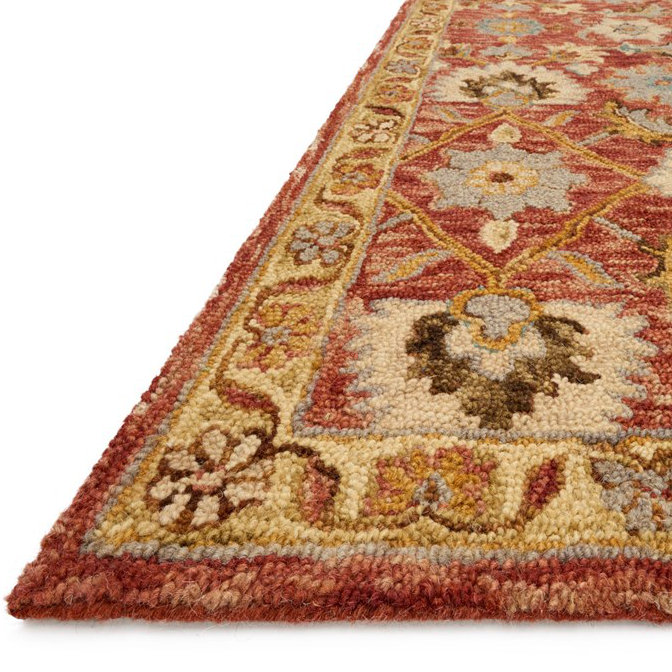 Tapis rouge en laine crocheté à la main Asan, Rectangle 3 pi 6 po x 5 pi 6 po