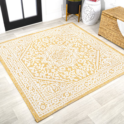 Tapis intérieur / extérieur jaune / crème Aaleayah Medallion