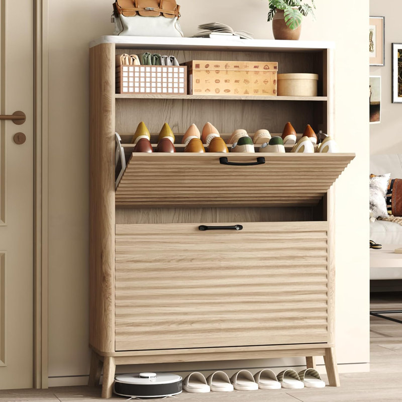 Fluted Shoe Storage Cabinet With 2 Flip Drawers