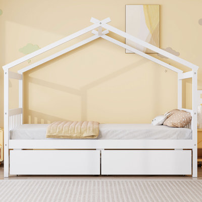 Twin Size Wooden House Bed with Storage Drawers, Multi-Functional Kids & Teens Bed, White