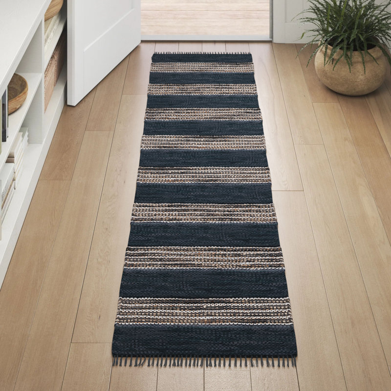 Pecatonica Vintage Leather Hand Woven Leather/Jute/Cotton Striped Rug in Black/Beige, Runner 2'3" x 9'