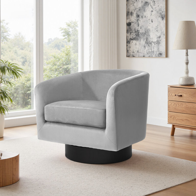 Eugenie Applewold Upholstered Gray Velvet Swivel Barrel Chair with Solid Wood Base, Gray