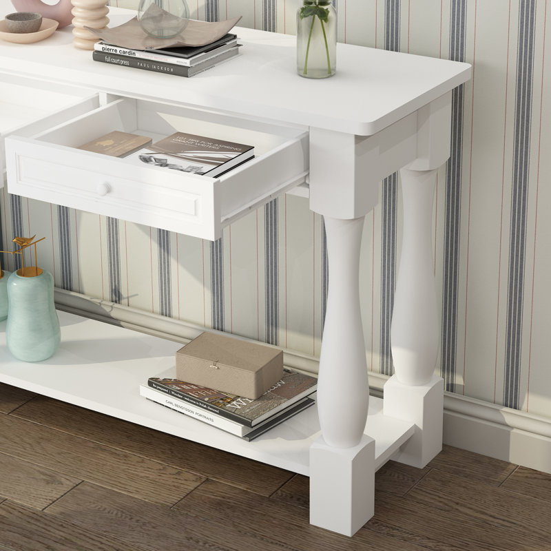 Table de couloir allongée 64,17 po à 2 niveaux avec 3 tiroirs et pieds courbés, Blanc