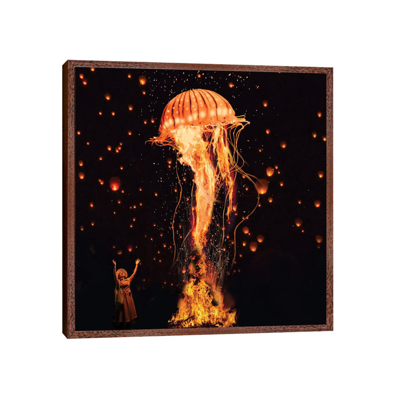 Jellyfish Rising From The Flames by David Loblaw - Print on Canvas, Classic Brown Wood Framed, 93.98 cm H x 93.98 cm W
