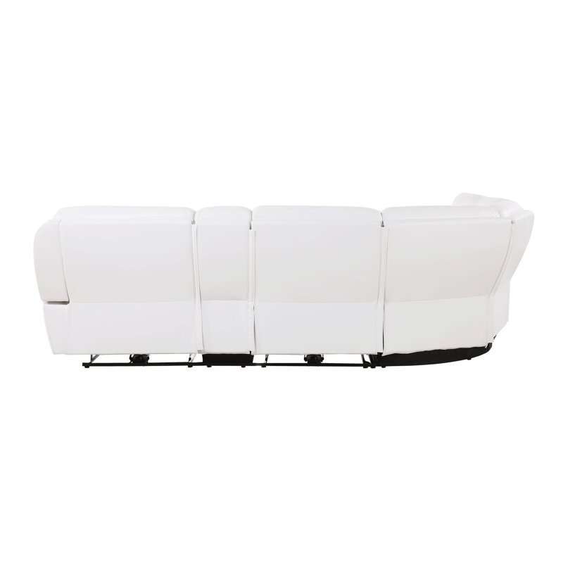 White Faux Leather Sleeper Sectional with Cup Holder and Ottoman