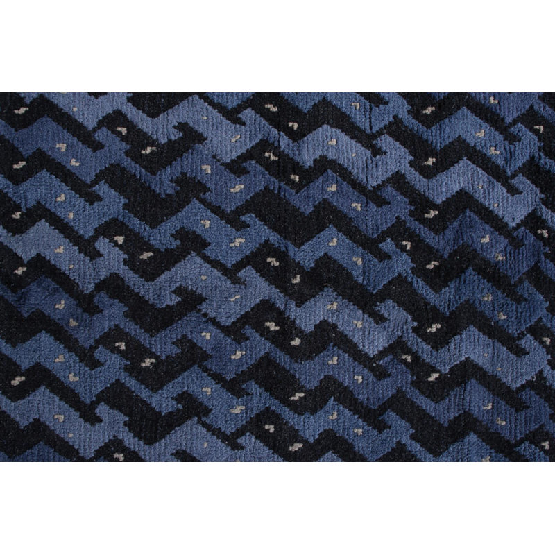 Rug & Kilim's Scandinavian Style Rug In Blue And Black Geometric Pattern, Rectangle 10' x 14'