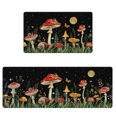 Anti-fatigue Kitchen Mats Set Of 2, Cushioned Waterproof Non-slip, Red Mushroom Kitchen Rugs Black