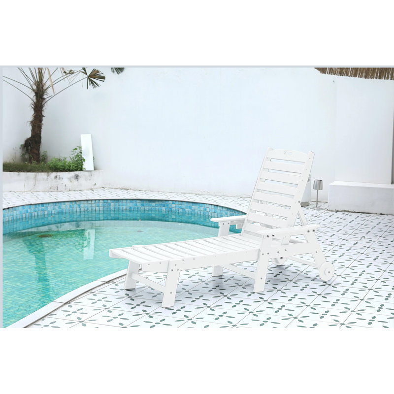 Lounge Chair Outdoor with Wood Texture, Oversized Chaise Lounge Chair with 5 Positions,HDPE,Patio Lounge Chair with Wheels & Cup Holder for Pool, Deck, Poolside