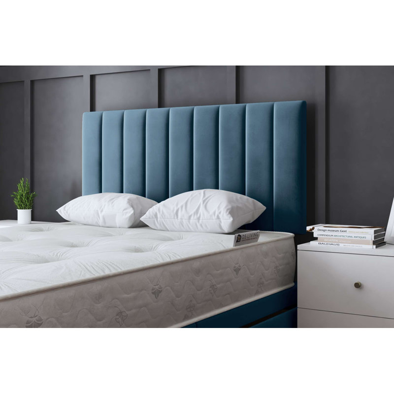  Upholstered Panel 2 Draw Divan Bed with Headboard, Blue, Double (4'6)