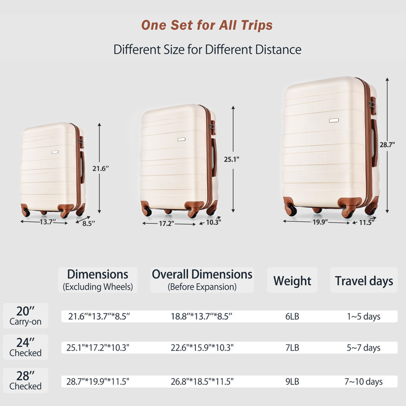 Ensembles de bagages Nouveau modèle ABS Hardshell 3 pièces Ensemble de valises rigides et durables Valise à roulettes avec serrure TSA 20 "24" 28 "(ivoire et brun)