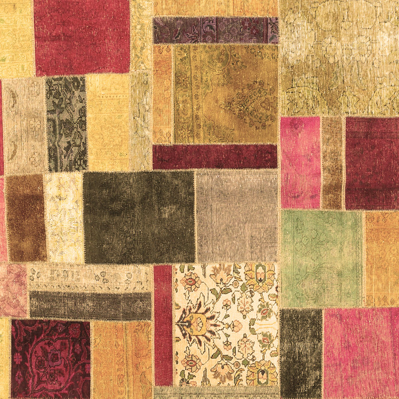 Tapis jaune / gris en laine tissé à la machine Patchwork, Carré 6 pi