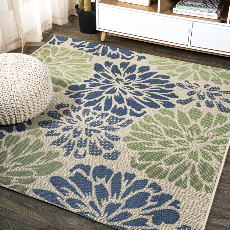 Hagy Modern Floral Textured Weave Navy/Green Indoor/Outdoor Rug