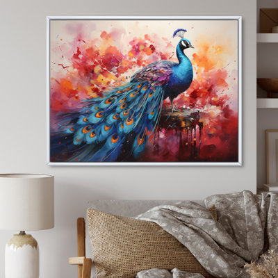 Acrylique multicolore sur toile rouge, représentation d'un paon rouge
