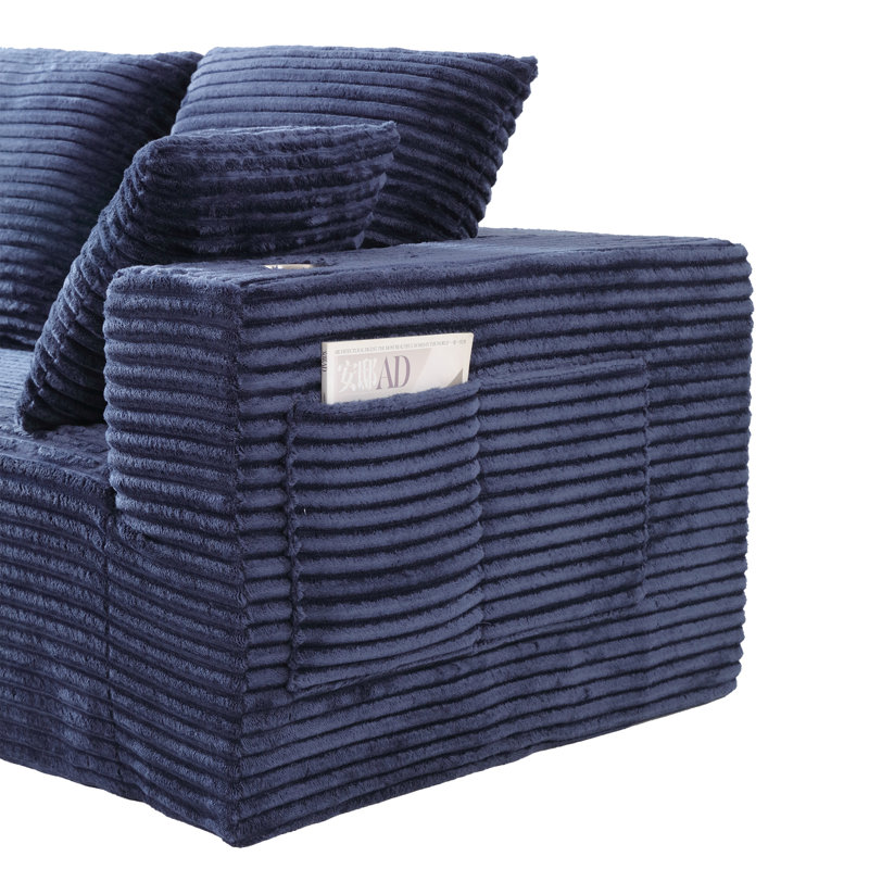 Canapé modulaire de 95 po avec méridienne en forme de L, conception à quatre places sans os, Velours côtelé bleu, Blue