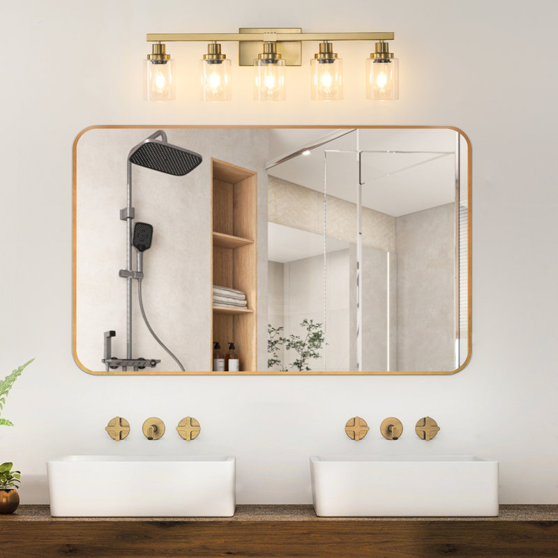 Golden Modern Iron Metal 5- Vanity Lamp With Clear Glass Shades, Bathroom Wall Sconce For Mirror, Ideal & Dressing Table Space, E26 Bulb Applicable  No Bulbs Glass, Mirror Fixture, Sophistication,