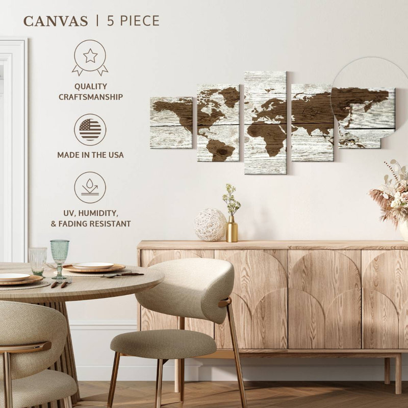 Carte du monde en bois III sur toile, ensemble de 5 pièces, H 92 po x l 42 po x P 1,25 po