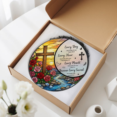 12"H Cross Roses Stained Glass Window Panel
