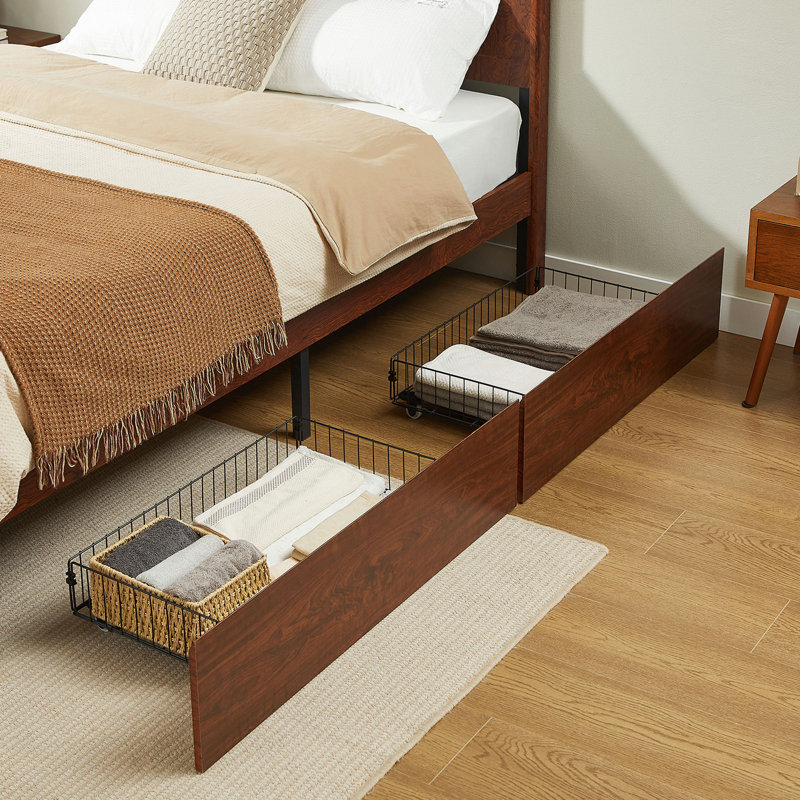Structure de lit plateforme en bois massif avec tiroirs de rangement latéraux, support de lattes en bois de tête de lit courbée, aucun sommier nécessaire, lit de chambre en bois naturel minimaliste