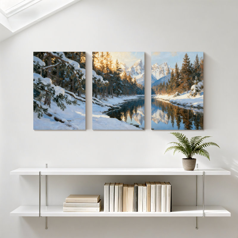 Forêt d'hiver, forêt enneigée, rivière, montagnes, paysage d'hiver, ensemble de 3 impressions sur toile, H 30 po x l 60 po