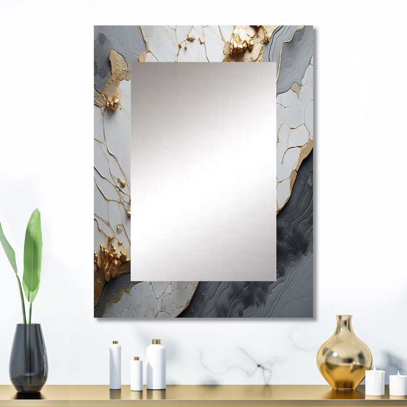 Minimalism White Gold Poteries - Abstract Spirals Decorative Mirror, White Wall Mirror, Printed Metal Art, 32" x 24"
