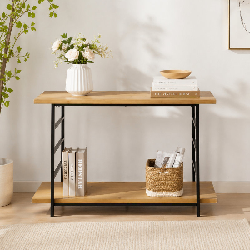48x16x32"  2-Tier Wood and Iron Console Table with Black Frame and Storage Shelf, Industrial/Modern/Minimalist