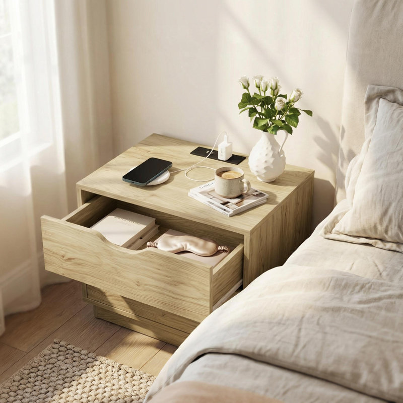 Table de chevet 2 tiroirs moderne avec station de charge et poignées découpées, Naturel, Individuel