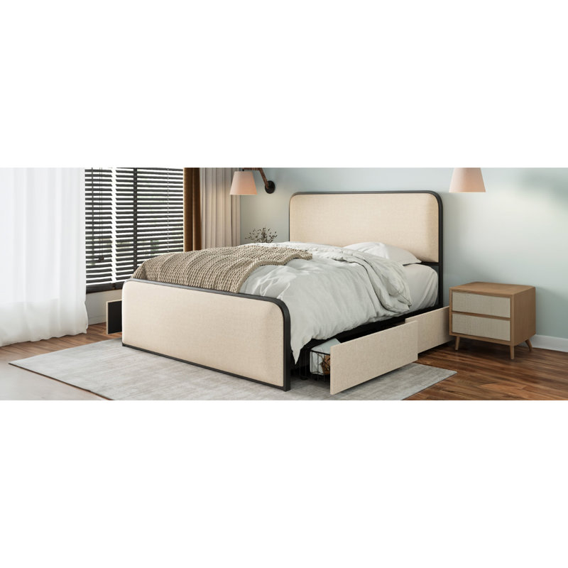 Grand lit moderne beige avec tête de lit tapissier et 4 tiroirs de rangement, tête de lit entièrement en métal, lattes robustes