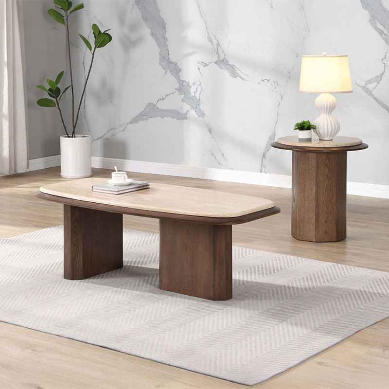 Table basse rectangulaire, plateau en travertin et noyer