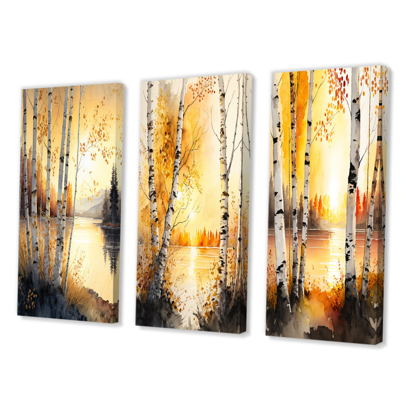 «Yellow Birches By The Lakeside», 3 pièces, H 20 po x l 36 po, Toile tendue