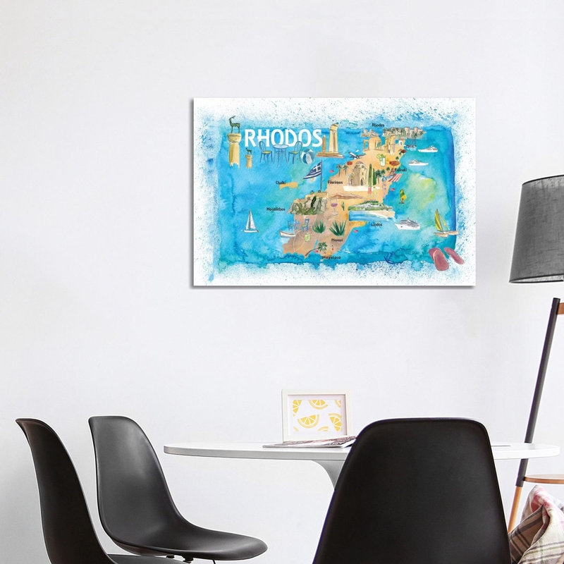 Rhodes Greece Illustrated Map With Landmarks And Highlights by Markus & Martina Bleichner - Wrapped Canvas Gallery-Wrapped Canvas Giclée