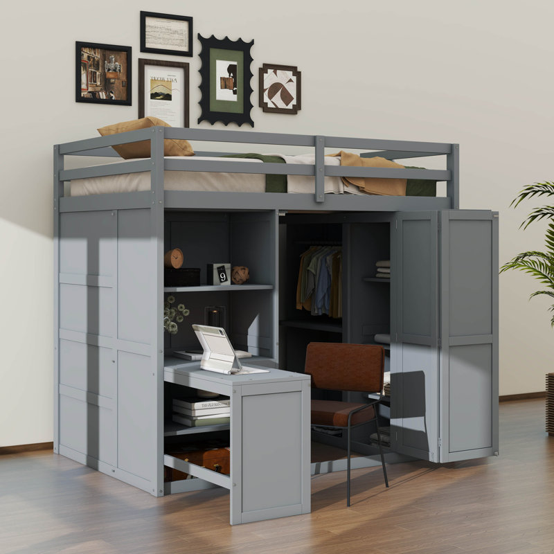 Lit superposé double avec armoire intégrée, bureau et système d'étagères, gris