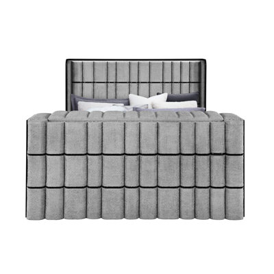 50" Tv Lift Bed, Grey Contemporary Queen Bed With Led Lights, Speakers And Fireplace, Upholstered In , Solid Wood + Main Material Lift, Filler