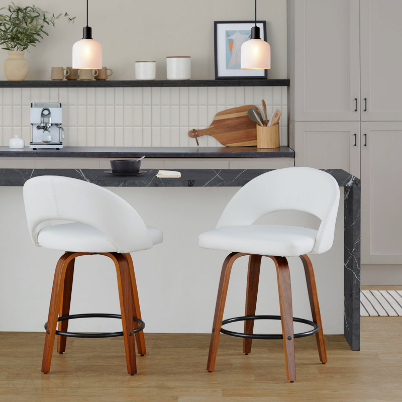 Tabouret de comptoir à hauteur fixe en bois de noyer et similicuir blanc avec repose-pieds rond en métal noir - ensemble de 2