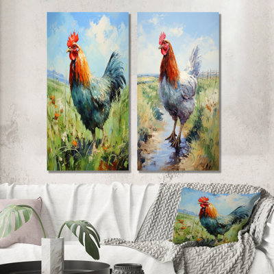 «Farm Rooster Countryside Meadow I», ensemble de 2 reproductions d'art sur toile