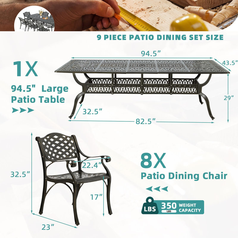 Meetwarm 9-Piece Outdoor Patio Dining Set For 8, All Weather Cast Aluminum Patio Funiture Table And Chairs Set- 94.5" Rectangular Table With 2" Umbrella Hole And 8 Chairs For Garden, Dark Bronze