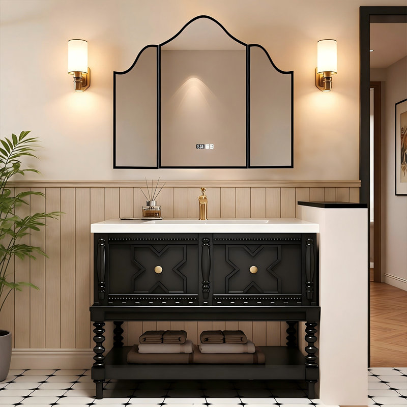 Meuble-lavabo sur pied 39,76 po en bois massif rétro avec miroir intelligent, 40"