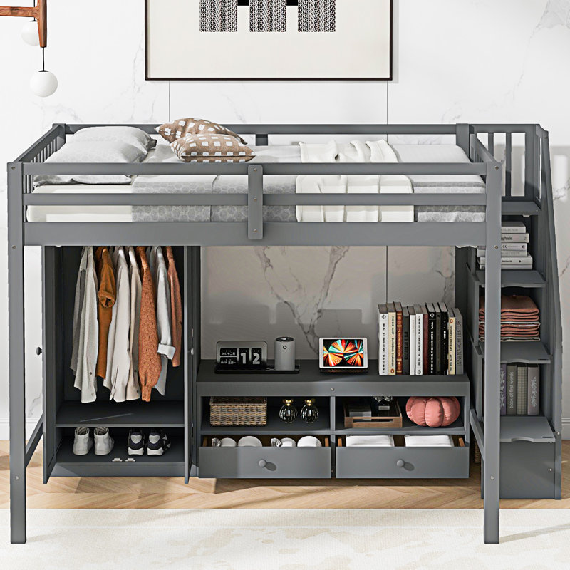 Structure de lit mezzanine avec garde-robe, Gris