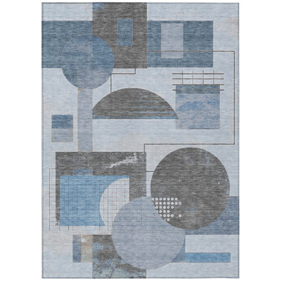 5' X 8' Blue And Gray Geometric Washable Indoor Outdoor Area Rug