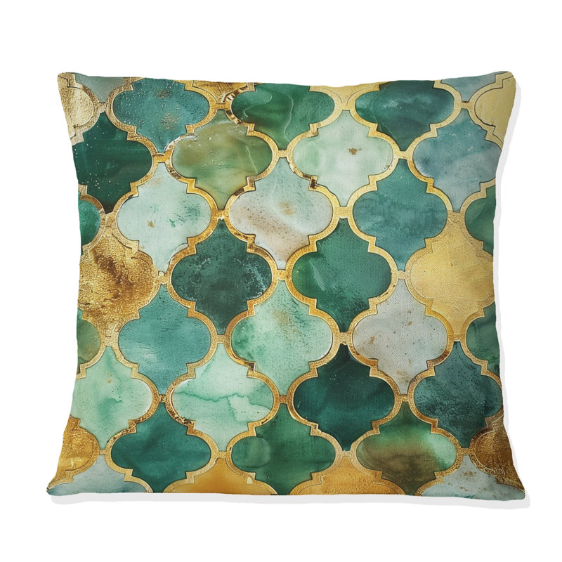 Coussin décoratif à carreaux vert or et mosaïque dorée V, H 16 po x l 16 po