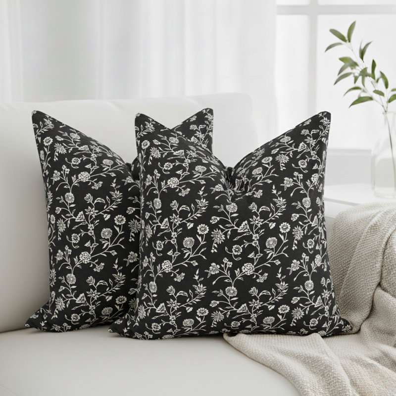 Floral Pillow Covers Vintage Flowers On Vine Design, Cotton Cushion Cover With Botanical Pattern Pack of 2, 18"H x 18"W